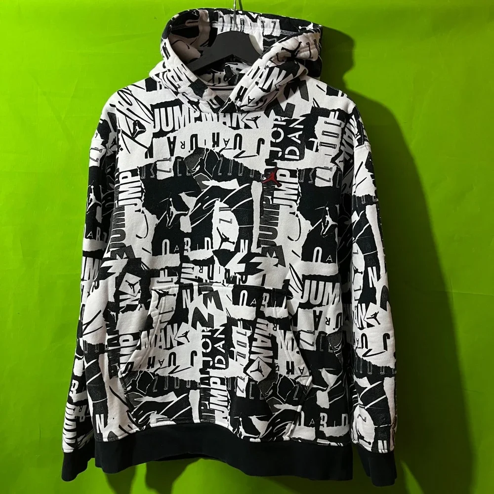 Jordan Jumpman Essentials All Over Print Hoodie Black White Graphic Mens Large
